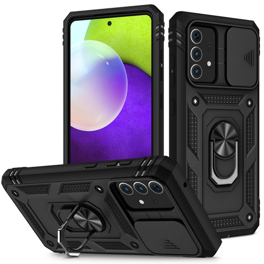 For Samsung Galaxy A52 Sliding Camera Cover Design TPU + PC Protective Case with 360 Degree Rotating Holder & Card Slot(Black+Black)