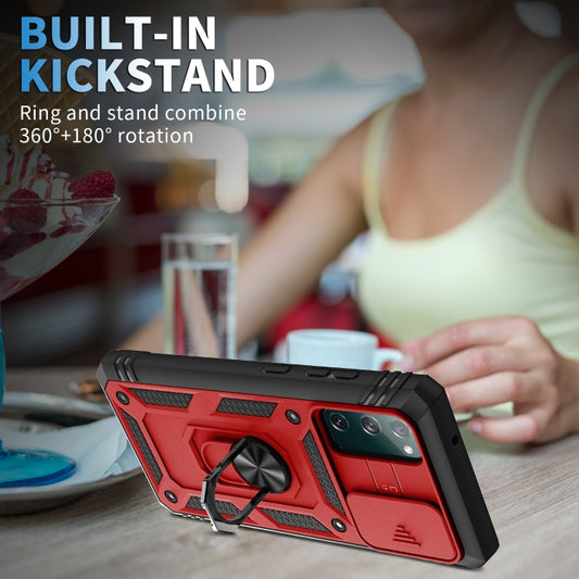 For Samsung Galaxy S20 FE Sliding Camera Cover Design TPU + PC Protective Case with 360 Degree Rotating Holder & Card Slot(Red+Black) by buy2fix