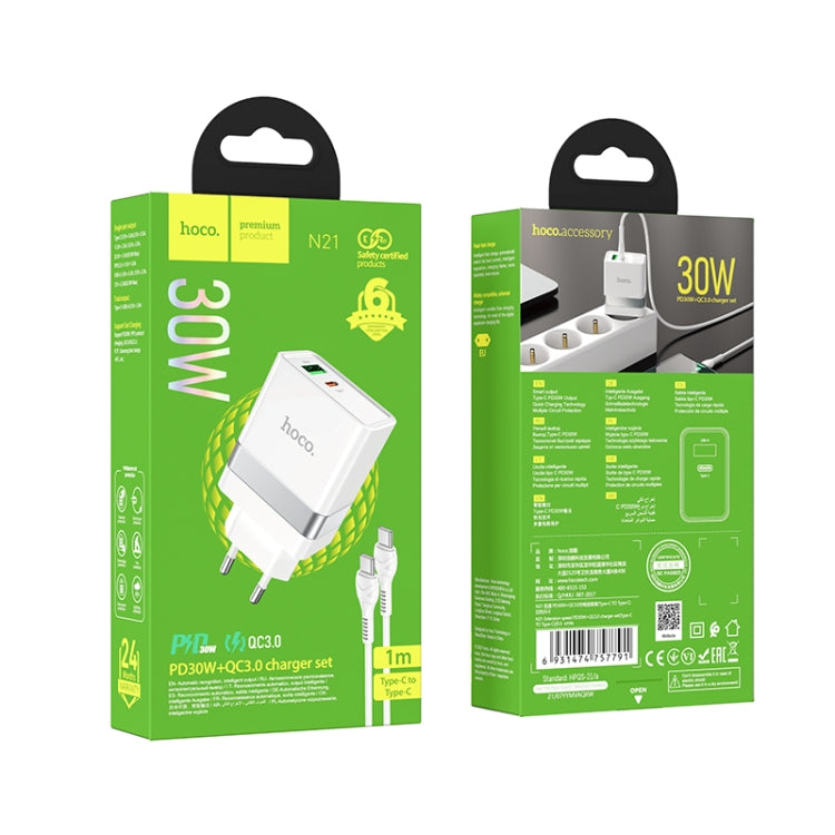 hoco N21 PD 30W Type-C / USB-C + QC 3.0 USB Mini Fast Charger with Type-C / USB-C to Type-C / USB-C Data Cable , EU Plug(White) - Mobile Accessories by hoco | Online Shopping UK | buy2fix