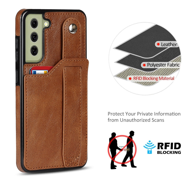 For Samsung Galaxy S21 FE Crazy Horse Texture Shockproof TPU + PU Leather Case with Card Slot & Wrist Strap Holder(Brown) by buy2fix