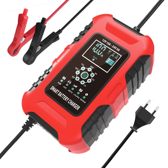 FOXSUR 10A 12V 7-Segment-Motorrad-/Auto-Smart-Batterieladegerät, Steckertyp: EU-Stecker (rot)