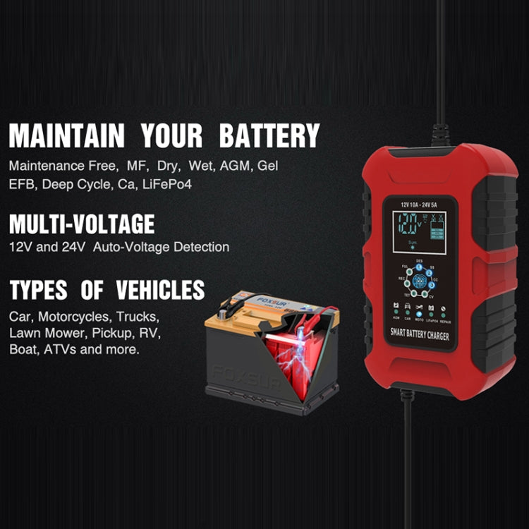 FOXSUR 10A 12V 7-segment Motorcycle / Car Smart Battery Charger, Plug Type:EU Plug(Red) - In Car by FOXSUR | Online Shopping UK | buy2fix