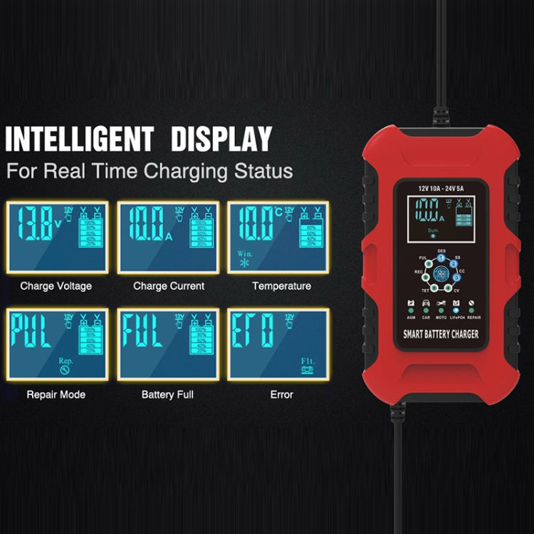 FOXSUR 10A 12V 7-segment Motorcycle / Car Smart Battery Charger, Plug Type:EU Plug(Red) - In Car by FOXSUR | Online Shopping UK | buy2fix