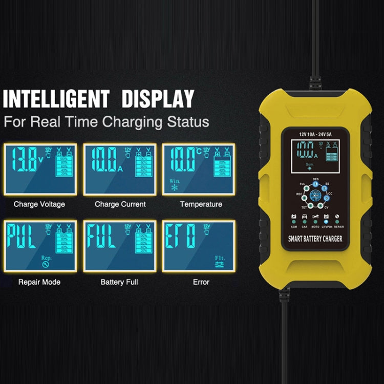 FOXSUR 10A 12V 7-segment Motorcycle / Car Smart Battery Charger, Plug Type:EU Plug(Yellow) - Battery Charger by FOXSUR | Online Shopping UK | buy2fix