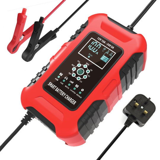 FOXSUR 10A 12V 7-Segment-Motorrad-/Auto-Smart-Batterieladegerät, Steckertyp: UK-Stecker (rot)