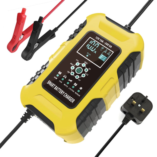 FOXSUR 10A 12V 7-Segment-Motorrad-/Auto-Smart-Batterieladegerät, Steckertyp: UK-Stecker (Gelb)