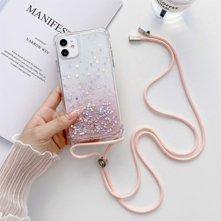 For iPhone 11 Pro Max Gradient Glitter Powder Epoxy TPU Thickened Acrylic Shockproof Case with Round Neck Lanyard (Pink) by buy2fix