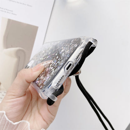 For iPhone 11 Pro Max Gradient Glitter Powder Epoxy TPU Thickened Acrylic Shockproof Case with Round Neck Lanyard (Pink) by buy2fix
