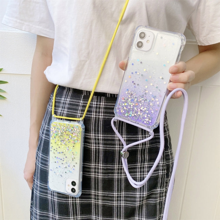 For iPhone 11 Pro Max Gradient Glitter Powder Epoxy TPU Thickened Acrylic Shockproof Case with Round Neck Lanyard (Pink) by buy2fix