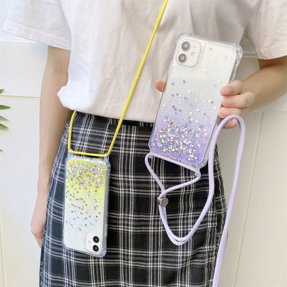 For iPhone 11 Pro Max Gradient Glitter Powder Epoxy TPU Thickened Acrylic Shockproof Case with Round Neck Lanyard (Pink) by buy2fix