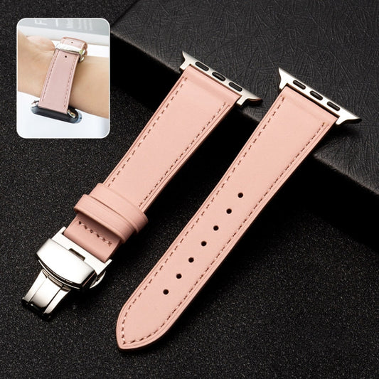 Butterfly Clasp  Top Layer Cowhide Leather Strap Watch Band For Apple Watch Ultra 49mm / Series 8&7 45mm / SE 2&6&SE&5&4 44mm / 3&2&1 42mm(Pink) - Watch Bands by buy2fix | Online Shopping UK | buy2fix