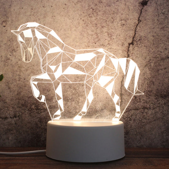 White Base Creative 3D Tricolor LED Decorative Night Light, Button Plug Version, Shape:Geometric Horse(White-Warm-Warm White)