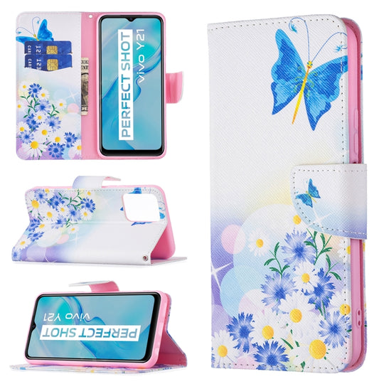 Pour Vivo Y21 Motif de dessin coloré Étui en cuir de téléphone à rabat horizontal avec support et fentes pour cartes et portefeuille (amour papillon)