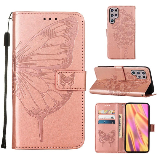 For Samsung Galaxy S22 Ultra 5G Embossed Butterfly Leather Phone Case with Holder & Card Slot & Wallet & Lanyard(Rose Gold)