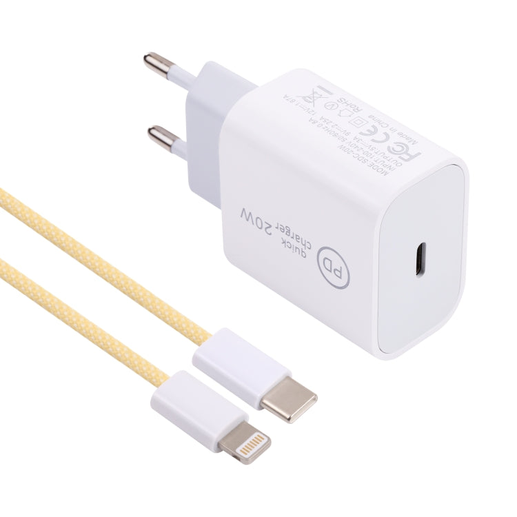 SDC-20W PD USB-C / Type-C Travel Charger + 1m 20W USB-C / Type-C to 8 Pin Data Cable Set, EU Plug(Yellow) - Mobile Accessories by buy2fix | Online Shopping UK | buy2fix