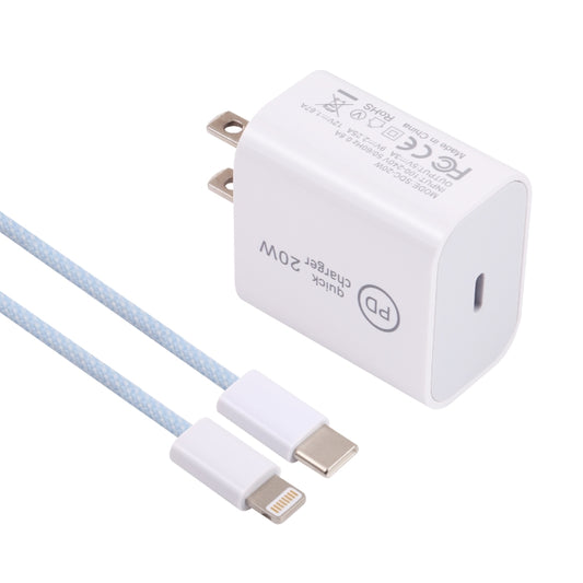 SDC-20W PD USB-C / Type-C Travel Charger + 1m 20W USB-C / Type-C to 8 Pin Data Cable Set, US Plug(Blue) by buy2fix