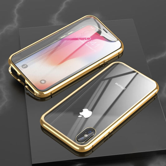 For iPhone X / XS Ultra Slim Double Sides Magnetic Adsorption Angular Frame Tempered Glass Magnet Flip Case(Gold) - Apple Accessories by buy2fix | Online Shopping UK | buy2fix