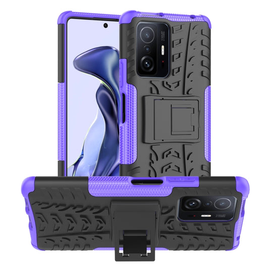 For Xiaomi Mi 11T Tire Texture TPU + PC Phone Case with Holder(Purple) - Xiaomi Accessories by buy2fix | Online Shopping UK | buy2fix