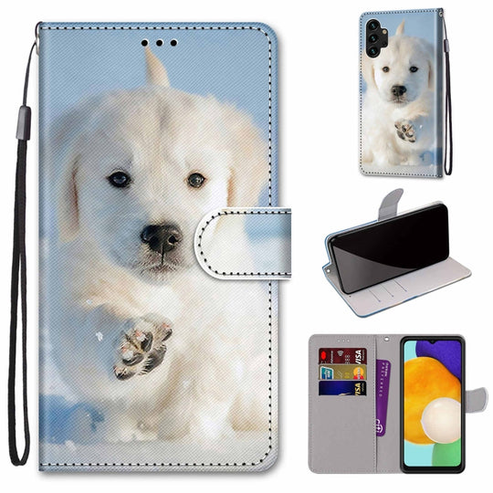 For Samsung Galaxy A13 4G Coloured Drawing Cross Texture Horizontal Flip Leather Phone Case with Holder & Card Slots & Wallet & Lanyard(Snow Puppy)