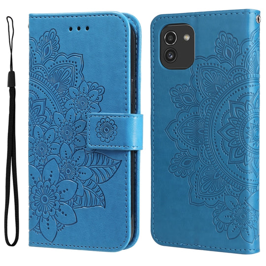 For Samsung Galaxy A03 EU Version 7-petal Flowers Embossing Pattern Horizontal Flip CasePhone Case(Blue)