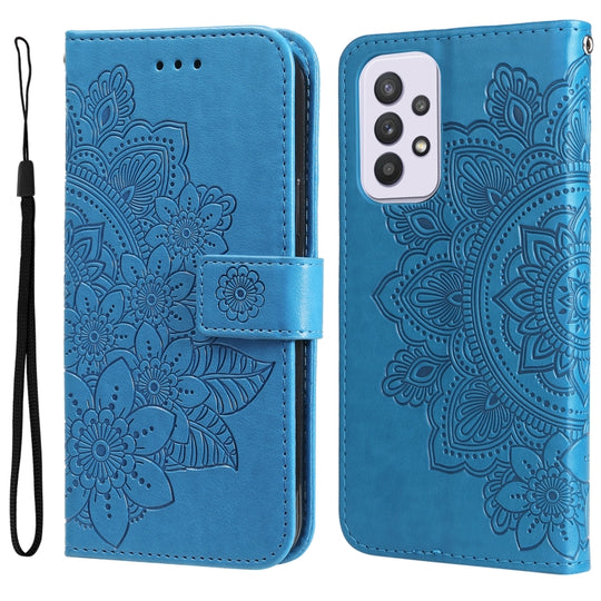 For Samsung Galaxy A33 5G 7-petal Flowers Embossing Pattern Horizontal Flip CasePhone Case(Blue)