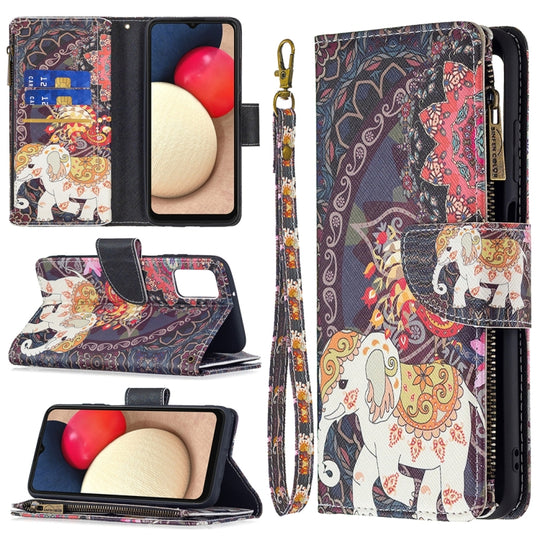 For Samsung Galaxy A03s 166mm Colored Drawing Zipper Leather Phone Case(Flower Elephants)