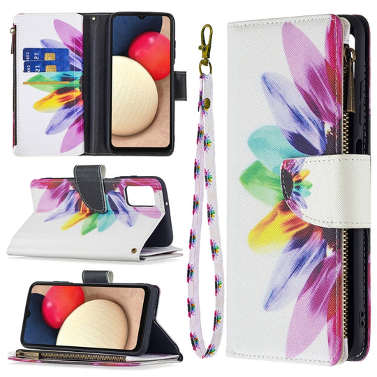 For Samsung Galaxy A03s 166mm Colored Drawing Zipper Leather Phone Case(Sun Flower)