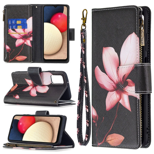 For Samsung Galaxy A03s 166mm Colored Drawing Zipper Leather Phone Case(Lotus)