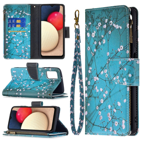 For Samsung Galaxy A03s 166mm Colored Drawing Zipper Leather Phone Case(Plum Blossom)
