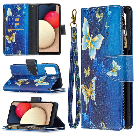 For Samsung Galaxy A03s 166mm Colored Drawing Zipper Leather Phone Case(Gold Butterfly) by buy2fix
