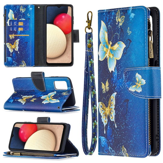 For Samsung Galaxy A03s 166mm Colored Drawing Zipper Leather Phone Case(Gold Butterfly)