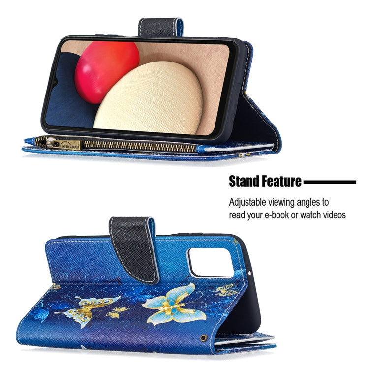 For Samsung Galaxy A03s 166mm Colored Drawing Zipper Leather Phone Case(Gold Butterfly) by buy2fix