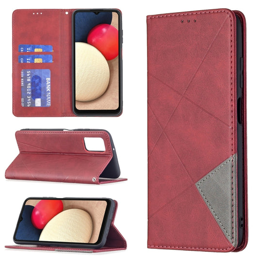 For Samsung Galaxy A03s 166mm Rhombus Texture Magnetic Leather Phone Case(Red)