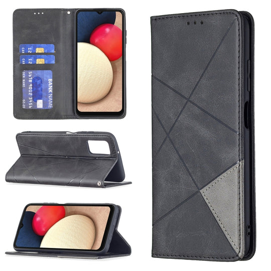For Samsung Galaxy A03s 166mm Rhombus Texture Magnetic Leather Phone Case(Black)