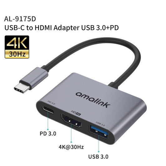 amalink 9175D Type-C / USB-C to HDMI + USB 3.0 + PD HUB Adapter(Grey) by amalink