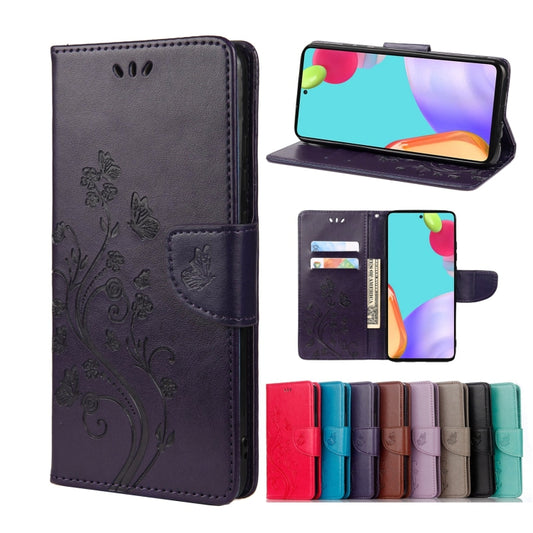 For Samsung Galaxy A53 5G Butterfly Flower Pattern Horizontal Flip Leather Phone Case with Card Slot & Holder(Dark Purple) by buy2fix