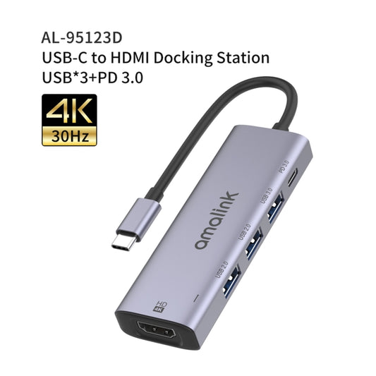 amalink 95123D Type-C / USB-C to HDMI + 3 Ports USB + PD 3.0 Multi-function HUB(Grey) by amalink