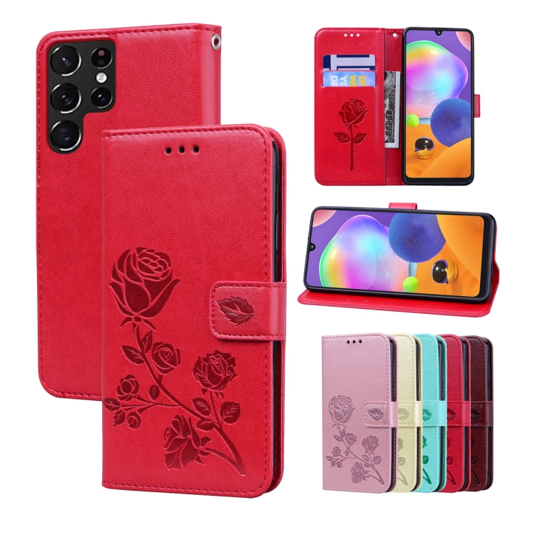 For Samsung Galaxy S22 Ultra 5G Rose Embossed Leather Phone Case(Red) by buy2fix