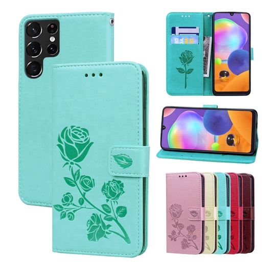 For Samsung Galaxy S22 Ultra 5G Rose Embossed Leather Phone Case(Green)