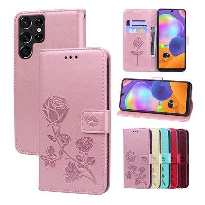 For Samsung Galaxy S22 Ultra 5G Rose Embossed Leather Phone Case(Rose Gold) by buy2fix
