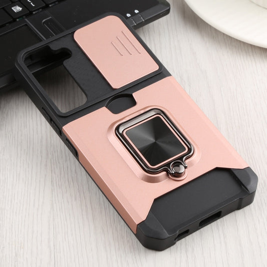 For Samsung Galaxy S22 5G Sliding Camera Cover Design PC + TPU Shockproof Phone Case with Ring Holder & Card Slot(Rose Gold) by buy2fix