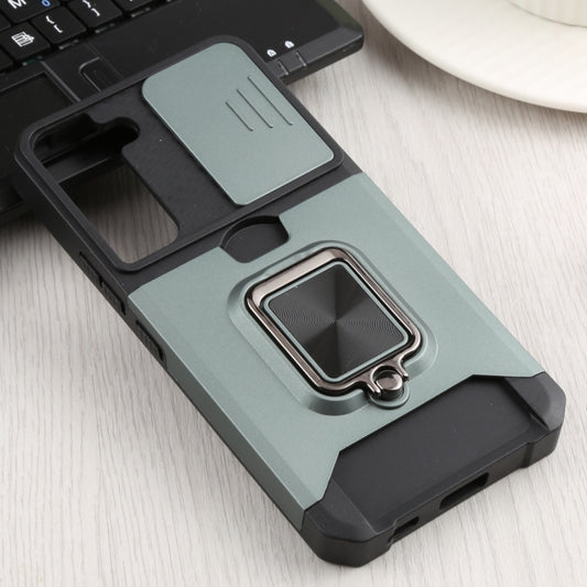 For Samsung Galaxy S22 5G Sliding Camera Cover Design PC + TPU Shockproof Phone Case with Ring Holder & Card Slot(Dark Green) by buy2fix