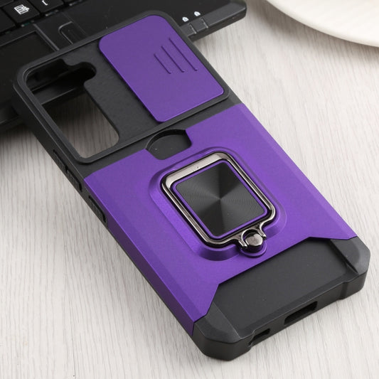 For Samsung Galaxy S22 5G Sliding Camera Cover Design PC + TPU Shockproof Phone Case with Ring Holder & Card Slot(Purple) by buy2fix