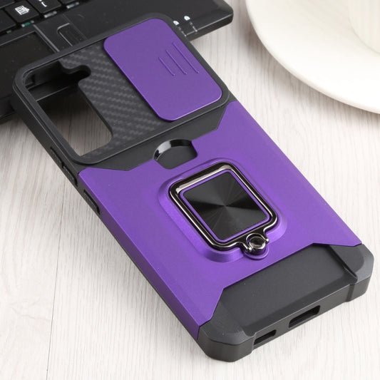 For Samsung Galaxy S22+ 5G Sliding Camera Cover Design PC + TPU Shockproof Phone Case with Ring Holder & Card Slot(Purple) by buy2fix