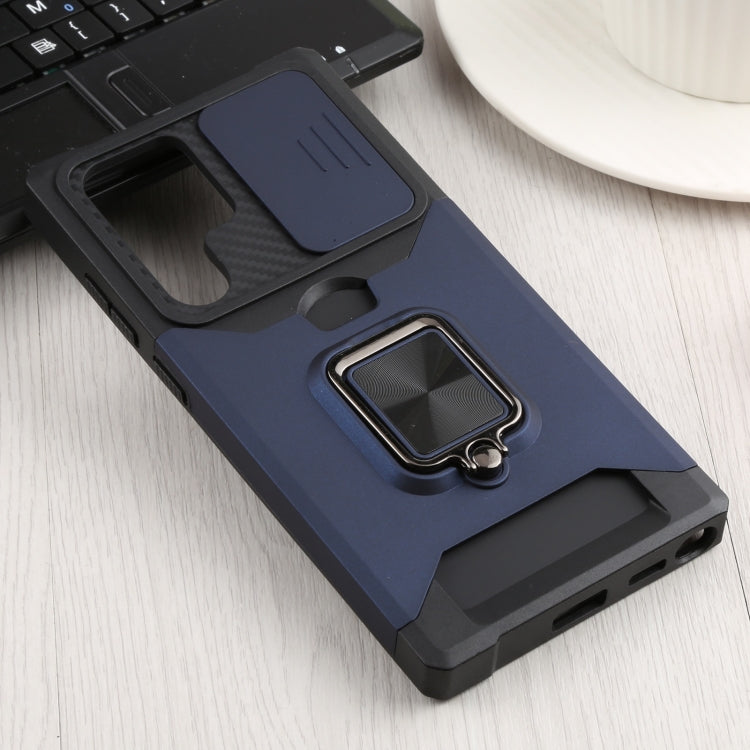 For Samsung Galaxy S22 Ultra 5G Sliding Camera Cover Design PC + TPU Shockproof Phone Case with Ring Holder & Card Slot(Blue) by buy2fix