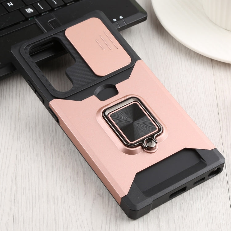 For Samsung Galaxy S22 Ultra 5G Sliding Camera Cover Design PC + TPU Shockproof Phone Case with Ring Holder & Card Slot(Rose Gold) by buy2fix