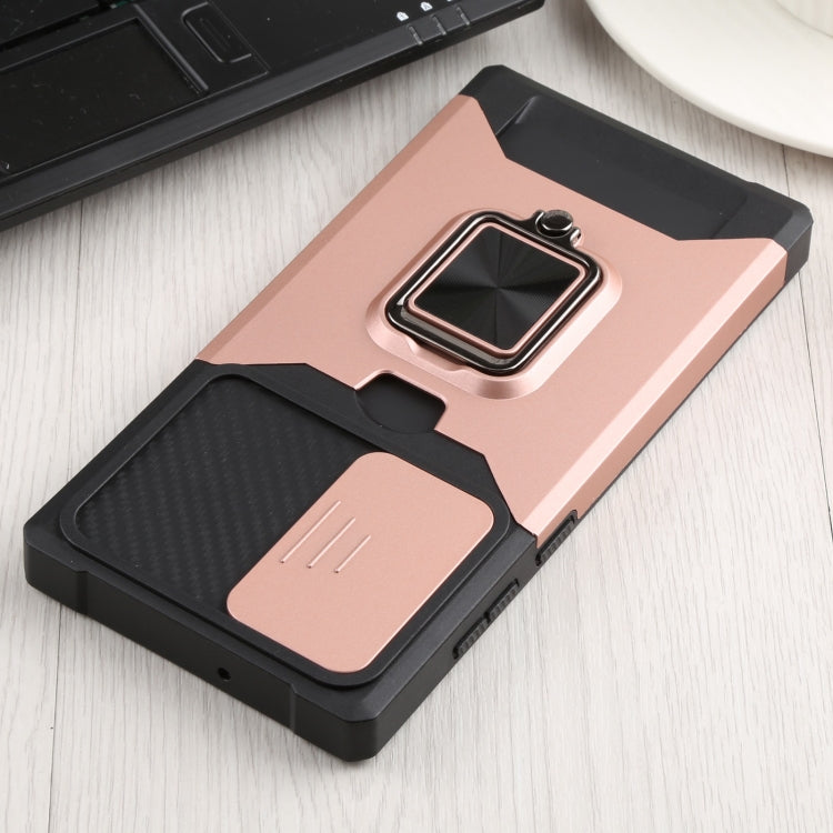 For Samsung Galaxy S22 Ultra 5G Sliding Camera Cover Design PC + TPU Shockproof Phone Case with Ring Holder & Card Slot(Rose Gold) by buy2fix