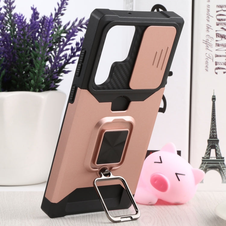 For Samsung Galaxy S22 Ultra 5G Sliding Camera Cover Design PC + TPU Shockproof Phone Case with Ring Holder & Card Slot(Rose Gold) by buy2fix