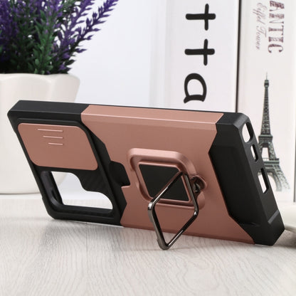For Samsung Galaxy S22 Ultra 5G Sliding Camera Cover Design PC + TPU Shockproof Phone Case with Ring Holder & Card Slot(Rose Gold) by buy2fix