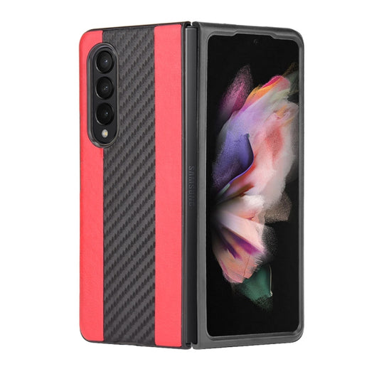 For Samsung Galaxy Z Fold3 5G Litchi Texture + Carbon Fiber Phone Case(Red)